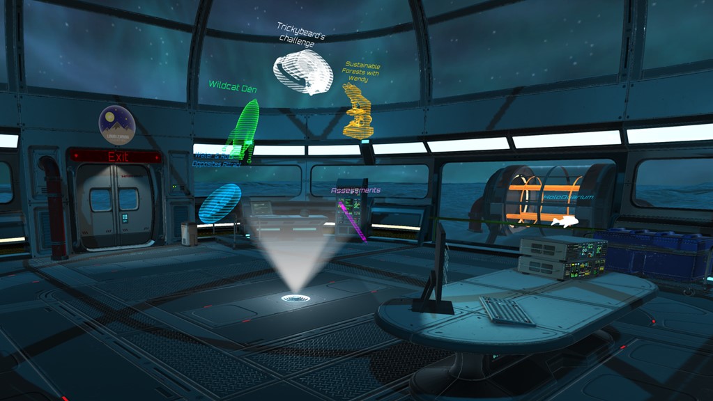 A virtual reality scene depicting the interior of an observatory-style building at night, with a holographic projection in the center of the space listing several science-related learning experiences.