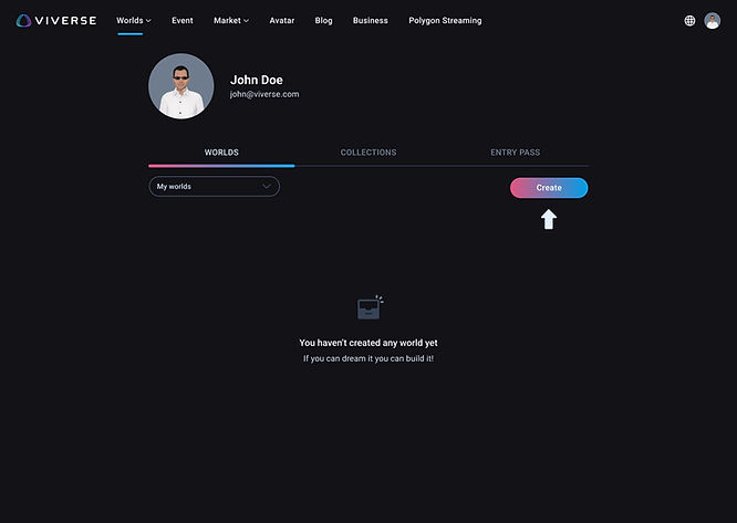 a screenshot of a create button on My Worlds page in VIVERSE