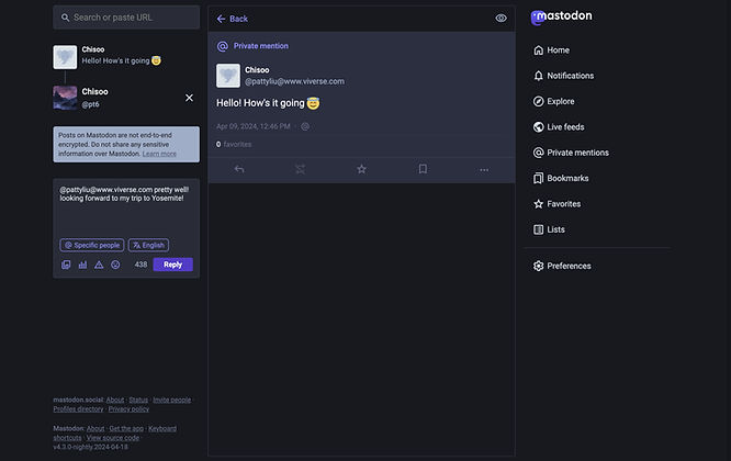 screenshot of typing a message on Mastodon in response to a friend on VIVERSE
