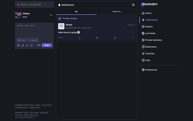 screenshot of receiving a message from VIVERSE on Mastodon