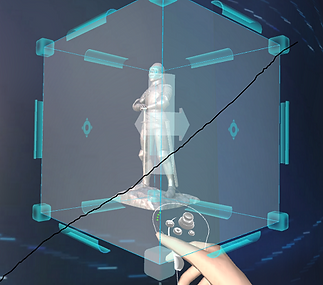A first-person perspective of a user touching the gizmo surrounding a 3D model while manipulating it.