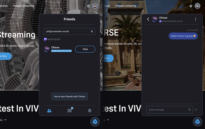 Screenshot of sending a message to a Mastodon user with the VIVERSE friend feature