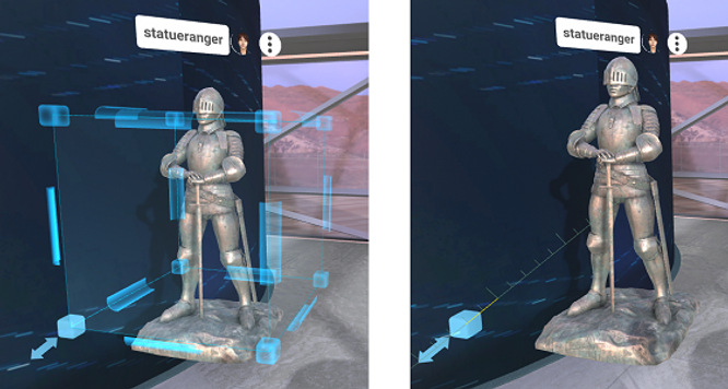 A first-person perspective of a user grabbing the corner of the gizmo surrounding a 3D model and resizing it.