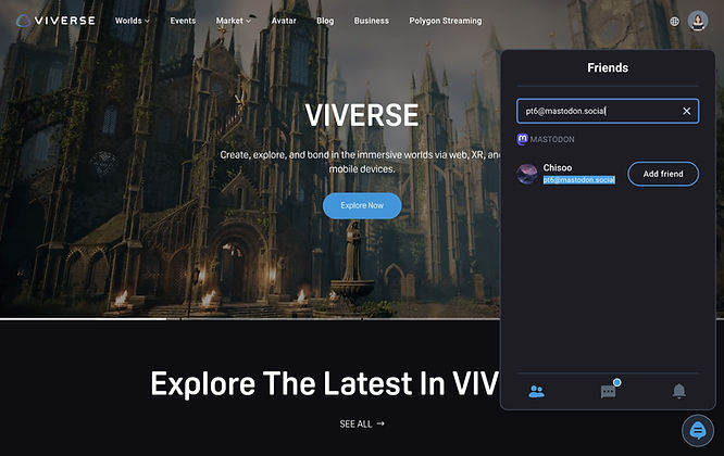 screenshot of adding a Mastodon user with the VIVERSE friend feature on VIVERSE homepage