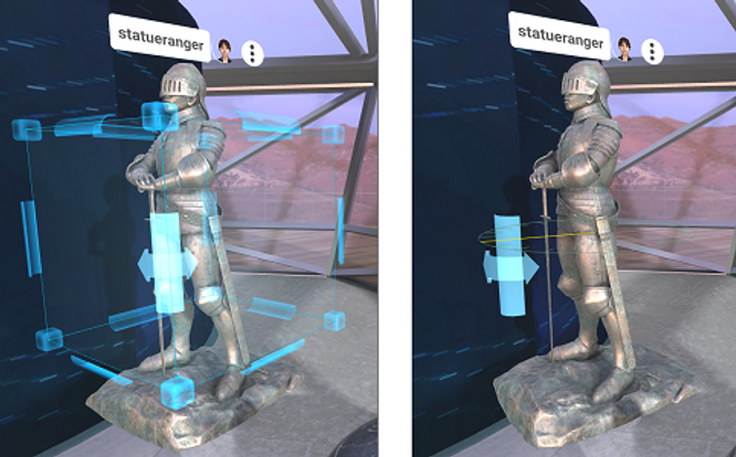A first-person perspective of a user grabbing the edge of the gizmo surrounding a 3D model and rotating it.