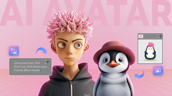 image of ai avatar generator including photo to ai avatar of a penguin and text to ai avatar of a pink-headed teenager