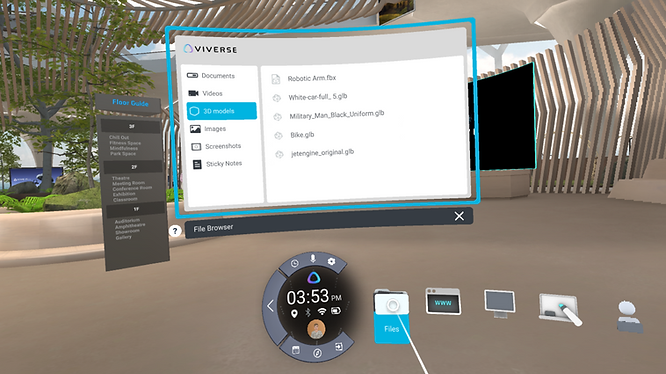 Opening the file browser from the VIVERSE Menu in order to open a 3D model in VIVERSE for Business.