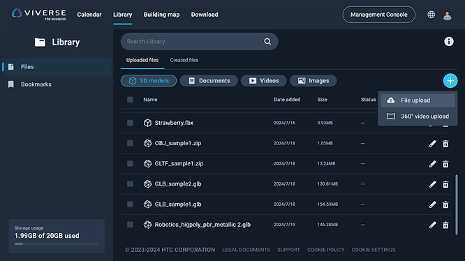 Uploading a 3D model to the VIVERSE for Business cloud storage space using the VIVERSE for Business User Console.