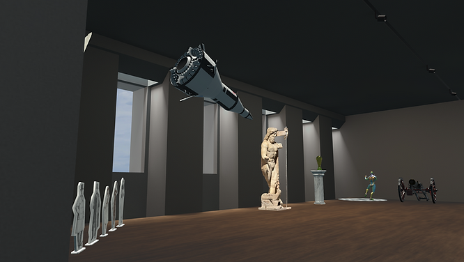 various statues and 3D objects generated with Midjourney in a gallery