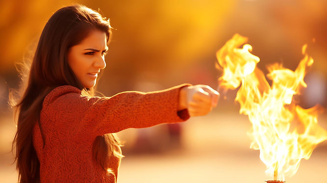 a woman holding her fist in the air towards flaming fire