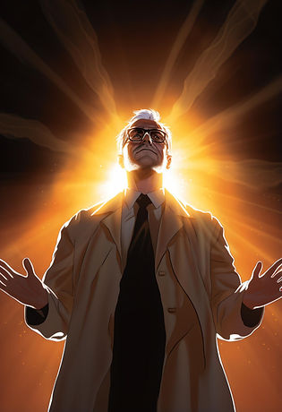 a middle-aged man wearing glasses with arms out and blazing light behind him
