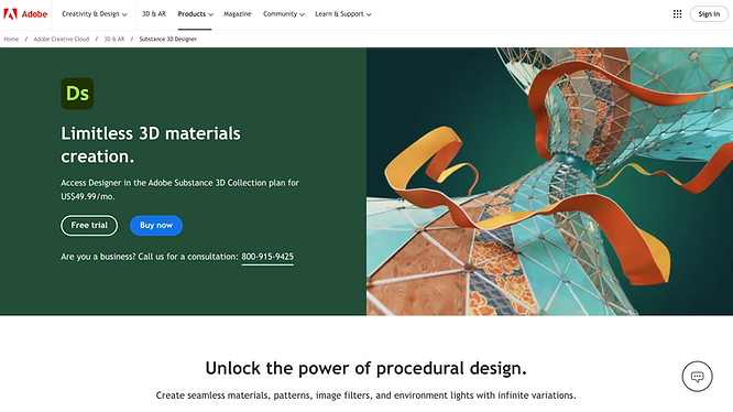 screenshot of Adobe Substance 3D Designer’s official website, an hourglass shaped 3D model with different patterns on it