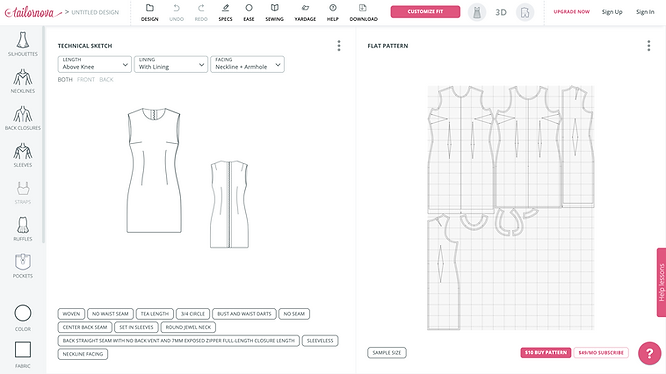 screenshot of Tailornova’s user interface of a technical sketch and flat pattern