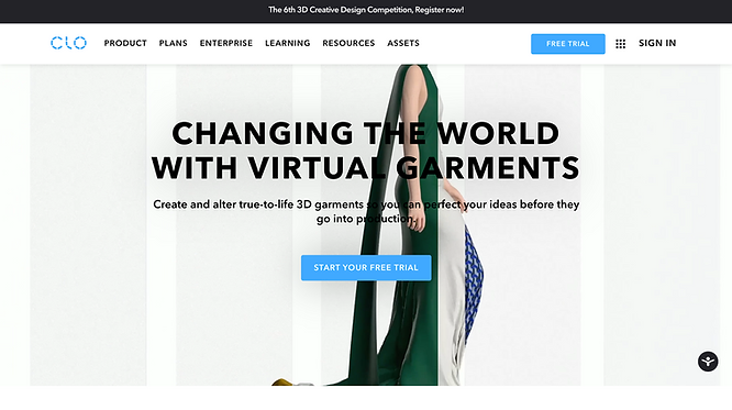 screenshot of CLO 3D’s official website, a female changing into different clothing as she walks
