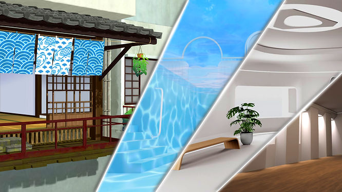 Four 3D virtual space including Japanese tatami room, pool, white studio, and gallery