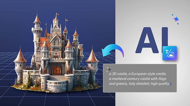 using AI text prompt to generate 3D medieval European castle with flags and greens