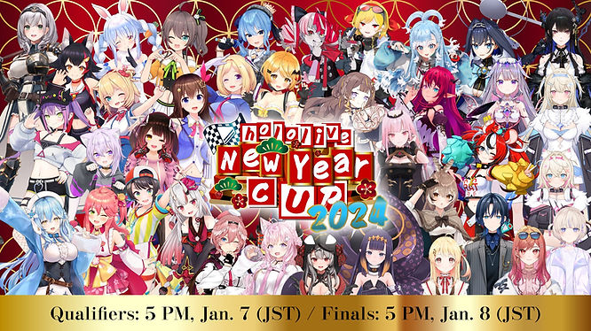 hololive virtual idols in distinct outfits gathered for the hololive new year cup 2024