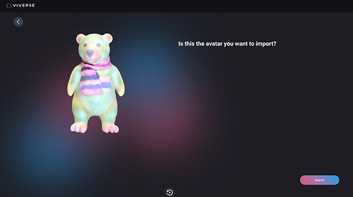 screenshot of importing a rainbow polar bear VRM 3D model into VIVERSE