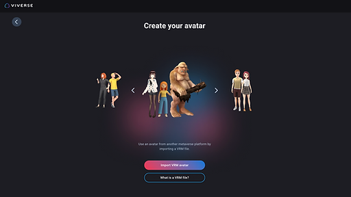 screenshot of the VIVERSE Avatar Creator carousel selection, importing VRM avatar