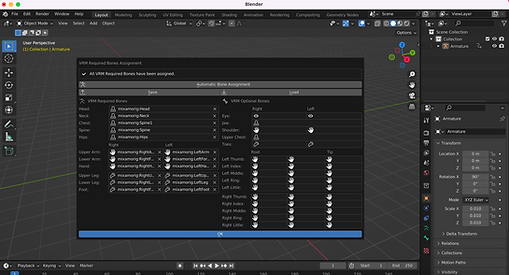 screenshot of VRM required bones assigned in Blender