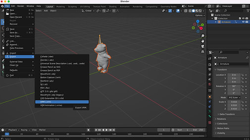 exporting a FBX file of a 3D model with VRM add-on for Blender