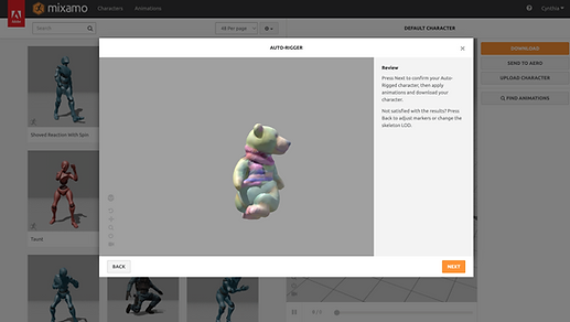 reviewing the auto-gigged 3D character in Mixamo
