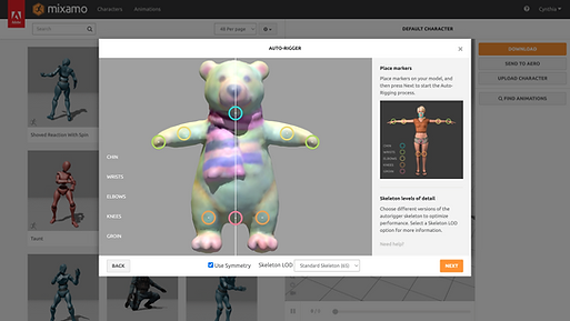 screenshot of using Mixamo‘s auto-rigger to place markers on the polar bear‘s body parts