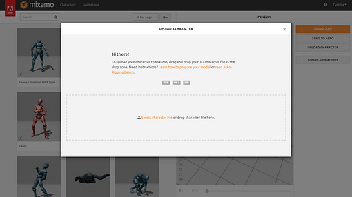 screenshot of uploading a 3D character to Mixamo