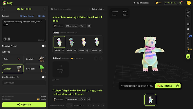 a colorful polar bear in a striped scarf generated via Meshy’s Text-to-3D function