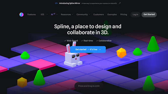 screenshot of the Spline official website with 3D models of a rabbit brick and some game objects