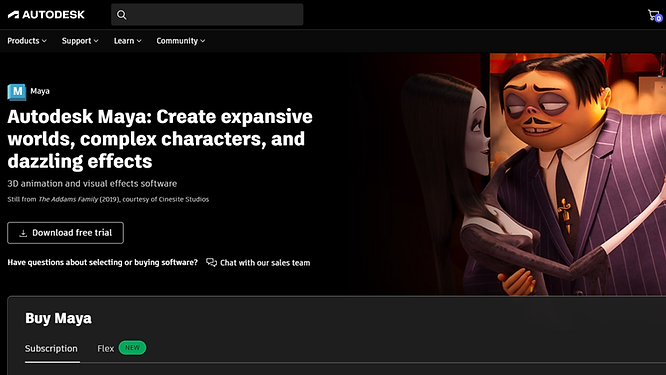 screenshot of the Autodesk Maya official website with two animation characters