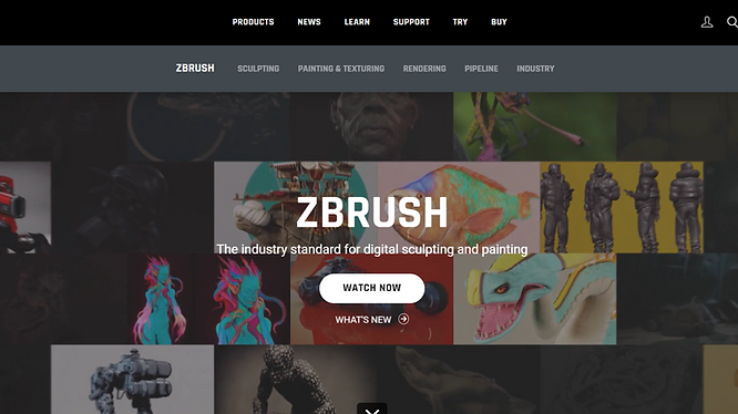 screenshot of the ZBrush official website with 3D models of various creatures