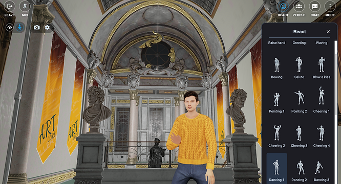a man in a sweater dancing in a museum