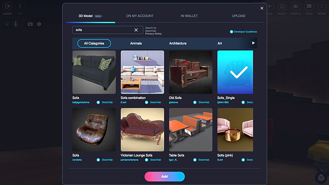 Screenshot of how to add Sketchfab models in VIVERSE. 