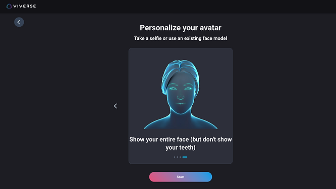 screenshot of an avatar in blue, instructions before taking a selfie