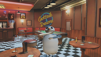 a baby penguin posing in a retro bar