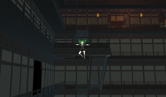 a female avatar leaping with arms wide open in a traditional Japanese architecture