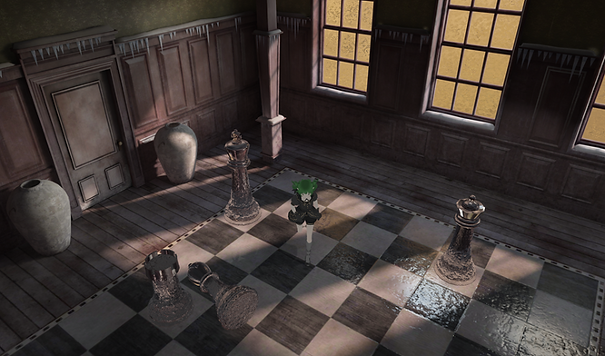a female avatar running on a checkerboard surrounded by crystal chess pieces