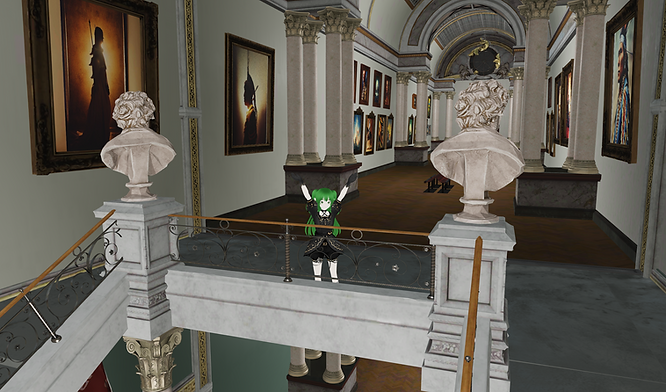 a female avatar with her hands in the air, standing in a museum with several paintings