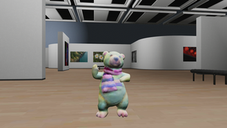 a rainbow polar bear in a scarf having fun in an art gallery