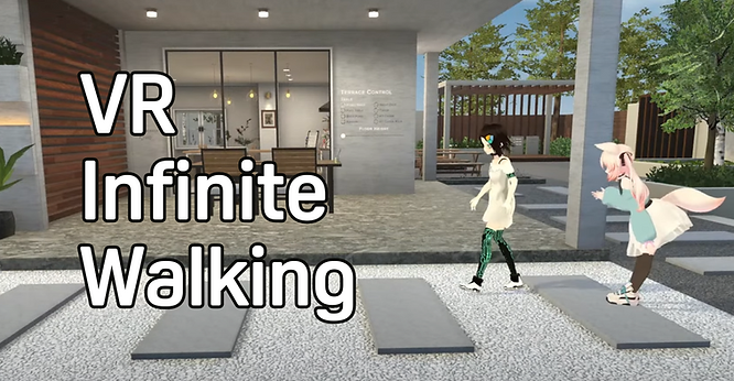 two female avatars walking on the sidewalk, demonstrating VR infinite walking