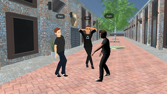 Three avatars posing on a virtual street in VIVERSE.