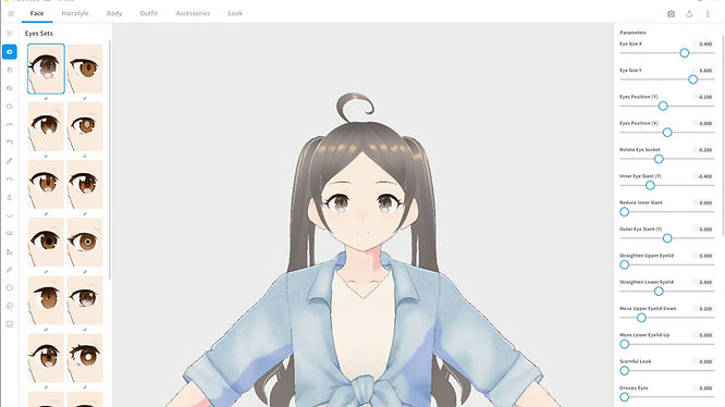 Anime girl avatar being designed in the VRoid Studio character creator software.