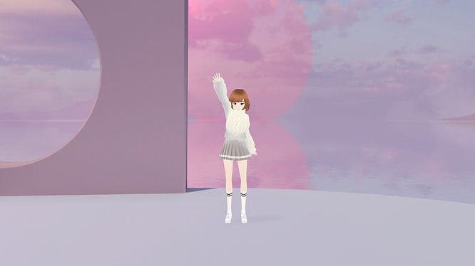 Anime-style VRM avatar raising its hand inside a virtual world.