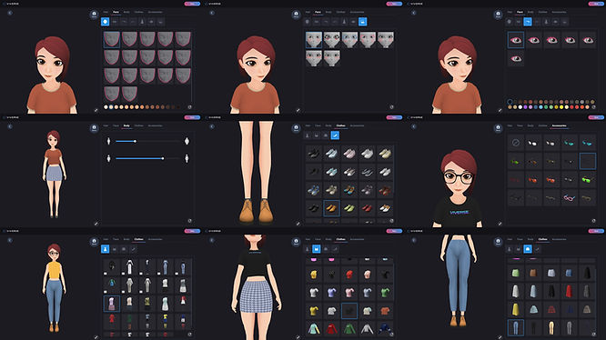Face, body, clothing, and accessory options being selected to create a stylized VR character avatar in VIVERSE.