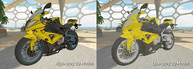 A high polygon 3D motorbike (left) next to a low polygon 3D motorbike.