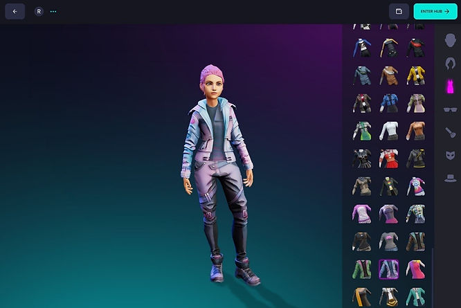 Stylized digital avatar beside selection of clothing options in the VRChat avatar maker.