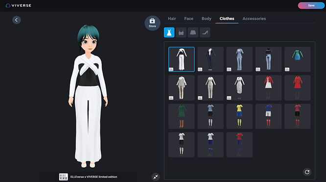 Character avatar maker showing different virtual clothing options in VIVERSE.