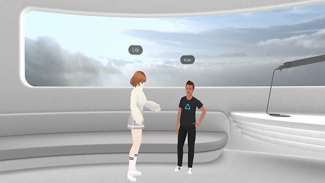 Anime avatar and realistic VR avatar meeting inside a virtual room in VIVERSE by HTC.