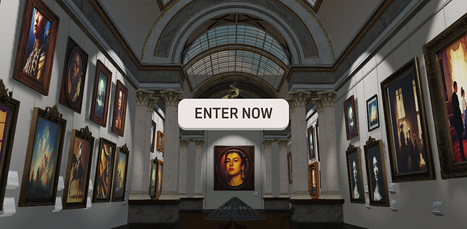 portraits and artworks displayed in a two-story 3D virtual art museum environment